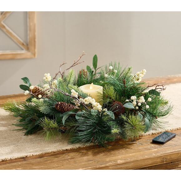 Luminara 3" x 4.5" Flameless Pillar & Wreath Centerpiece White Berries85 - Picture 9 of 11